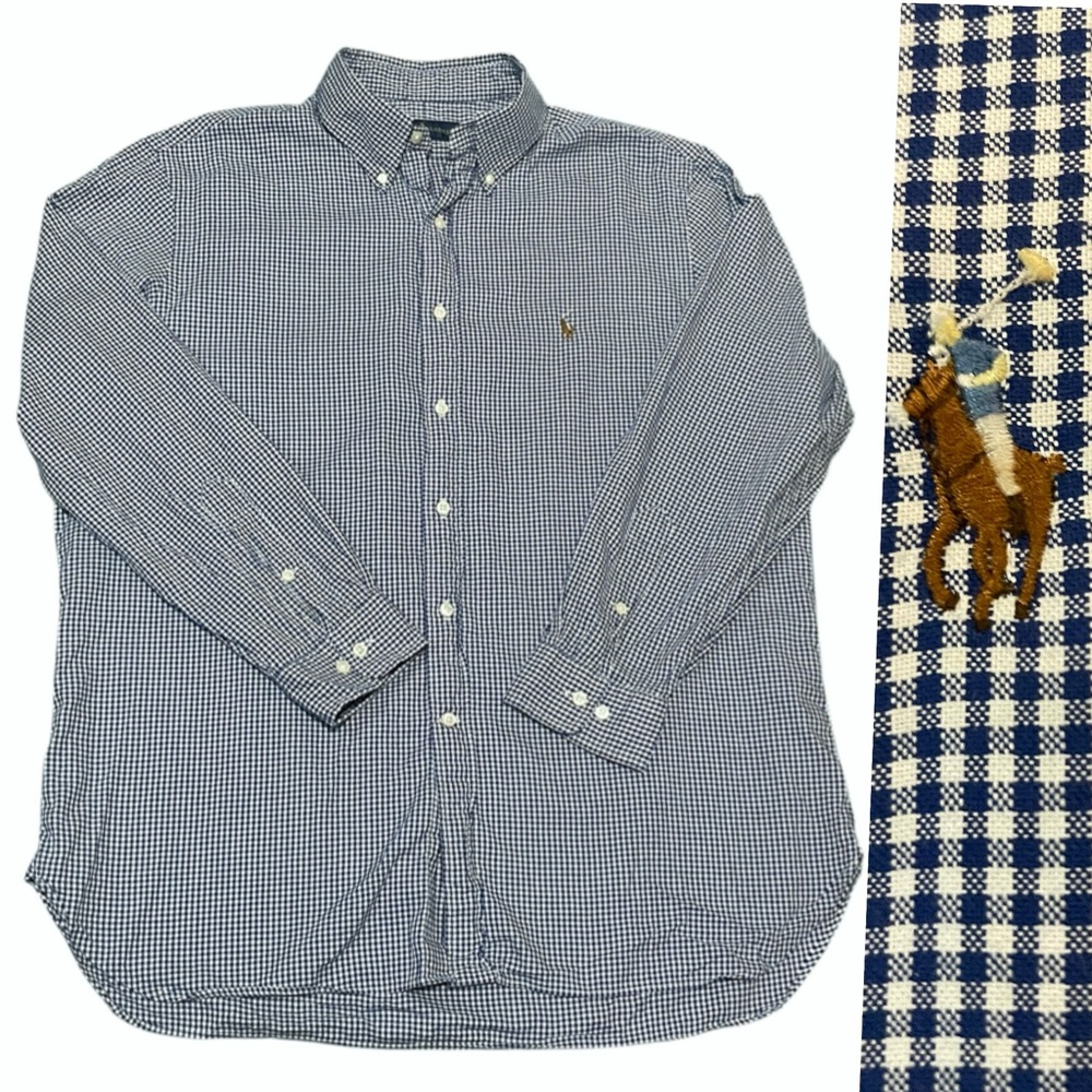 Ralph Lauren blue white Gingham Oxford Shirt Flesh color pony sz 16.5  3…